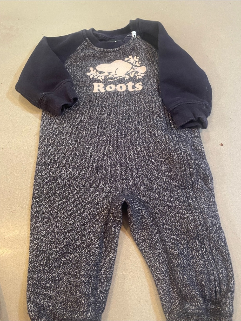 Roots Navy Heather Baby One-Piece with Cream Logo